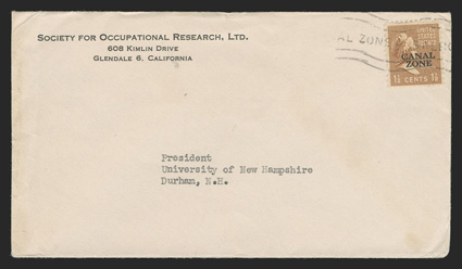 119, 1½c Bister brown, single tied by Balboa wavy cancel on cover to New Hampshire, envelope with pull-out tab for postal inspection, correctly paying the third class rate,
cover with light vertical bend at left, fine scant few covers exist as