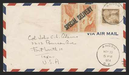 C9 var., 10c Orange, with Special Delivery handstamp, vertical pair with the handstamp across the two stamps, on cover with 6c Light brown (C22) tied by Ancon Nov 30, 1954
c.d.s., sent to Texas (Fort Worth receiver), very fine when the Unite