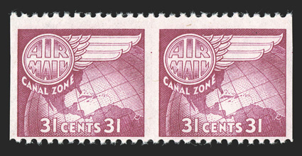 C25a, 31c Cerise, imperforate vertically, horizontal pair, positions 15 and 16 (as noted in light pencil on reverse), centered to the bottom as are all know examples of this
error, rich bright color, o.g., n.h., fine ex-DeVoss (CZSG 25a).