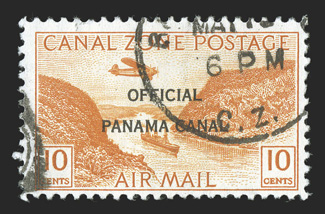 CO8-12, 5c-40c Air post officials, 17mm ovpt. cplt., all are scarce postally used examples, with duplex cancels, 5c with natural straight edge at top, a few creases which is
usually the case on postally used copies, otherwise fine-very fine
