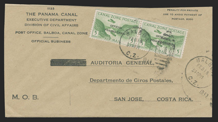 CO8, 5c Yellow green air post official, 17mm overprint, horizontal pair with straight edge at top tied by Balboa C.Z. Feb 18 1943 duplex on penalty cover to Costa Rica,
Division of Civil Affairs corner card, San Jose backstamps, slightly reduced