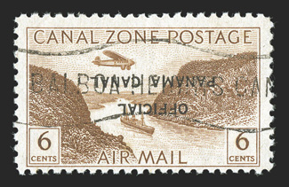 CO14a, 6c Yellow brown air post official, inverted overprint, with c.t.o. cancel as always, still with original gum and never hinged, fine only one pane of 50 stamps was made
with the inverted overprint light pencil number on back and signed K