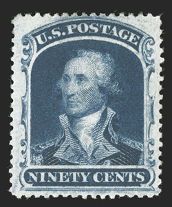 39, 90c Blue, well centered within large margins, especially deep color and impression, o.g., lightly hinged, a very fine and handsome example of this scarce high value 2009
PSE certificate.