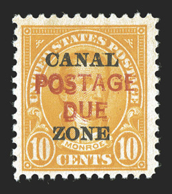J17a, 10c Orange, Postage Due double, bright mint single, intense color, o.g., fresh and fine only one sheet with the double overprint was issued (CZSG
J17a).