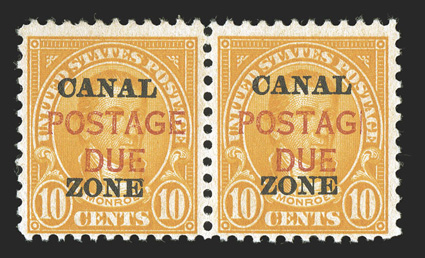 J17b, 10c Orange, POSTAG for POSTAGE error, position 83, in horizontal pair with a normal overprint (position 73), deep color, tropicalized o.g., fine (CZSG
J17b).