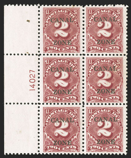 J18-19, 1c and 2c Carmine rose, each a left margin plate number block of six, with the wrong font on Canal Zone at position 51, tropicalized o.g., 1c is centered fine, 2c
fine-very fine (CZSG J18, 18.1 J19, 19.1).