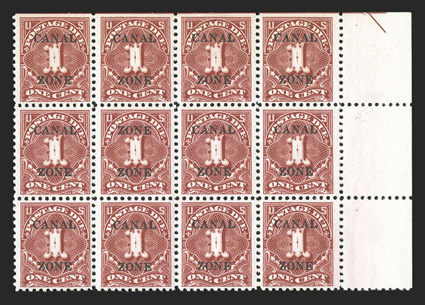 J18a, 1c Carmine rose, Zone Zone error, the error being the second stamp in the middle row of a block of twelve (position 18 on the sheet), nicely centered, strong color,
o.g., error stamp never hinged, very fine a highly desirable example of
