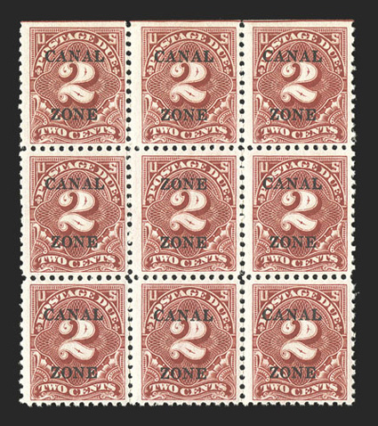J19a, 2c Carmine rose, Zone Zone error, the error being the middle stamp in a block of nine (position 18 on the sheet), attractive color, tropicalized o.g., fine only about
fifteen copies have been recorded (CZSG J19a).