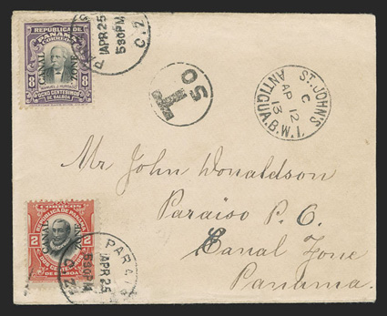 34, 39, 8c Violet and black, 2c Vermilion and black used as postage dues, single of each tied by Paraiso Apr 25 c.d.s. postmarks on 1913 cover originating in Antigua, sent
unpaid with T 50 in circle, St. Johns Ap 12, 1913 c.d.s., magenta
