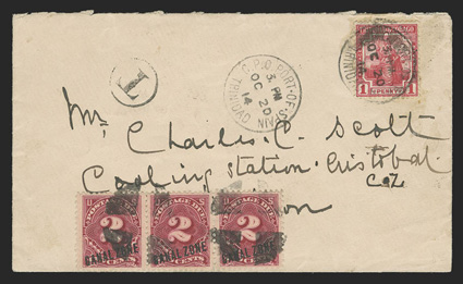 J2, 2c Rose carmine, horizontal strip of three tied by quartered cork cancels on 1914 cover originating in Trinidad & Tobago, with 1p Scarlet (2) tied by Port Of Spain G.P.O.
Oc 20 14 c.d.s., T in circle, Cristobal backstamp of Oct 26, so
