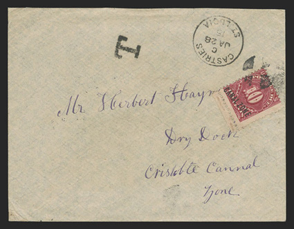 J3, 10c Carmine rose, bottom sheet-margin single tied by quartered cork cancel on 1915 cover originating in St. Lucia, sent unpaid with Castries Ja 28 15 c.d.s. and T
handstamp, Cristobal backstamp of Feb 13, fine and a scarce usage.