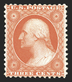 41, 3c Scarlet reprint, without gum as issued, well centered for this stamp, brilliantly rich color and a lovely impression on pristine paper, very fine only 479 sold 1984 PF
certificate.