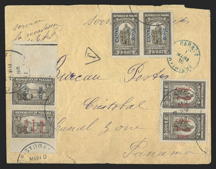 J4, J5, J7, J8, 1c, 2c, 1c on 1c, 2c on 2c Olive Brown, singles of J5 and J7, horizontal pairs of J4 and J8, tied by Cristobal Mar 10 1916 c.d.s. postmarks on cover
originating in Martinique, sent unpaid with blue Carbet 1 Mars 16 c.d.s. and