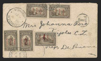 J7-8, J10-11, 1c on 1c, 2c on 2c and 4c on 4c Olive brown, two J7, singles of the other three, tied by Cristobal Paquetboat c.d.s. postmarks on 1920 cover originating in
Jamaica, sent unpaid with Bowden Jamaica Mr 9 20 c.d.s. and T in cir
