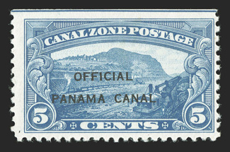 O3, 5c Blue official, with natural straight edge at top showing the guide line, fresh color and paper, o.g., lightly hinged, fine very few mint copies of this official stamp
have found their way into the marketplace (CZSG O3).