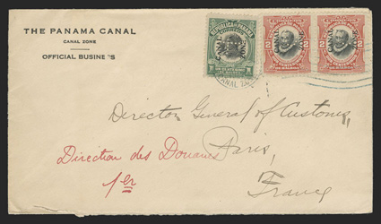 39 var., 52 var., 2c Vermilion and black, 1c Green and black, with P perfin, single of 1c, horizontal pair of 2c, each with sideways P, tied by blue Balboa Heights duplex on
1919 cover to France, Paris receiving backstamp, cover opened a