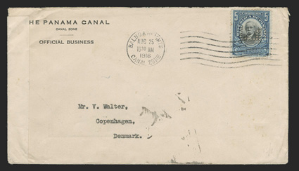 40 var., 5c Deep blue and black, with P perfin, single with sideways P tied by Balboa Heights Aug 25, 1916 wavy cancel on cover to Denmark, with censor tape overlapped at
left, Copenhagen backstamp of Sept. 26, cover with a few trivial c