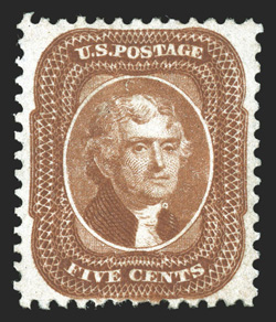 42, 5c Orange brown reprint, without gum as issued, nicely centered and margined, rich bright color on fresh paper, very fine only 878 sold.