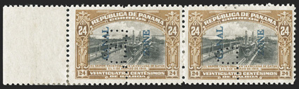 51 var., 24c Yellow brown and black, with P perfin double, left sheet-margin horizontal pair, the left stamp with a double P and the right stamp with the normal P perfin,
fresh color, o.g., h.r., fine-very fine only ten such double perf