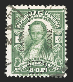 67 var., 1c Green, with perforated P, the P inverted and split vertically, lightly cancelled, fine a particularly rare stamp to find with this perfin (CZSG
67.PP).