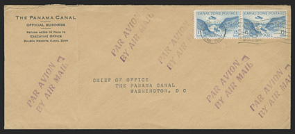 C10 var., 15c Blue, with P perfin, horizontal pair, each with two P placed sideways, tied by Balboa Heights Oct 24, 1938 duplex on legal size air mail cover to Washington,
D.C., cover with vertical filed fold at left, fine (CZSG C10.PP).