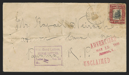 AdvertisedMar 15 1909Ancon, C.Z.Unclaimed, red handstamp on cover from Pedro Miguel to Ancon, with faulty 2c Red and black (23) tied by Pedro Miguel duplex, also a violet
boxed Div Dead Letters,Minor LetterLetter...Vol. 80No. handstamp
