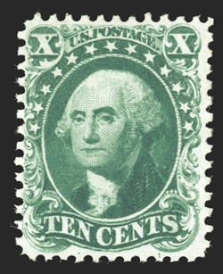 43, 10c Blue green reprint, without gum as issued, gorgeous prooflike color and impression on immaculate white paper, better centering than typically found on this value, very
fine only 516 sold.