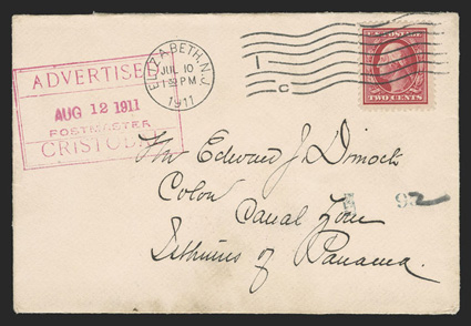 AdvertisedAug 12 1911PostmasterCristobal, red boxed handstamp on cover originating in the United States, with 2c Washington-Franklin tied by Elizabeth, N.J. duplex, on the
reverse are a blue Colon transit, a magenta Cristobal receiver and a