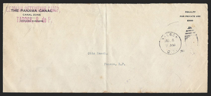 German Detention Camp,Taboga, R. de P. violet handstamp as return address on legal size penalty cover addressed to Otto Hack, Panama, R.P, with Balboa, Jul 6, 1917 duplex,
violet Panama receiver of July 6, cover with vertical file fold, fine