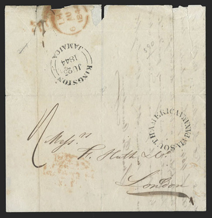 Panama to London, folded letter datelined 9 June, 1844 with beautifully struck British Post Office South AmericaVia Panama undated open circle postmark and manuscript 1-
single rate to London, bold Kingston, JamaicaJu 25, 1844 split circ