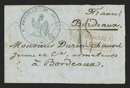Panama to Bordeaux, small cover with blue circular Consulat de FrancePanama cachet and British Post Office PanamaSp 6, 1856 backstamp, cachet repeated on reverse, red London 3
October transit backstamp, red boxed ColoniesART 18 handstamp