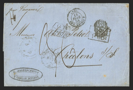 Valparaiso, Chile to France, two folded covers showing corrected erroneously applied accountancy markings, both with Via Panama directives, first 1858 triple rate letter with
incorrectly struck London rectangular G.B.1F60c signifying a lette