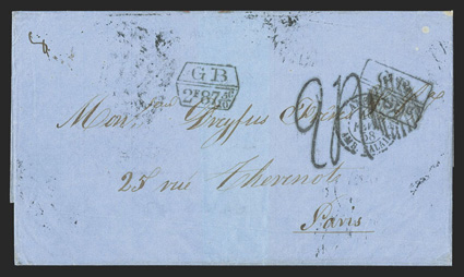 Callao, Peru to Paris, folded cover with British Post Office CallaoJa 12, 1858 origin backstamp and incorrectly struck rectangular G.B.1F60c accountancy mark signifying an
unpaid letter from Central America or the West Indies that has been