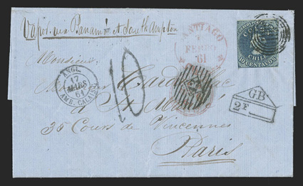 Santiago, Chile to Paris, folded letter franked by Chile 1856-62 10c Deep blue (10a) tied by target cancel, red Santiago, Chile3 Ferro, 61 datestamp alongside and manuscript
Vapor via Panama et Southampton directive, GB2F accountancy han