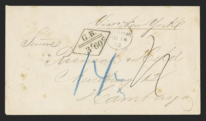 West coast of South America to Hamburg, cover with manuscript Via New York directive, British Post Office PanamaAu 14, 73 datestamp and ms. 1- rate, LondonSp 15, 73 transit
backstamp and G.B.3F60c accountancy handstamp erroneously a