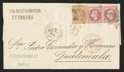 Paris to Guatemala, folded letter with private Via Southamptonet Panama handstamped directive of Pector & Ducout franked by 1863-70 40c Pale orange on yellowish (35) and
horizontal pair 80c Rose on pinkish (36) tied by three strikes of 22
