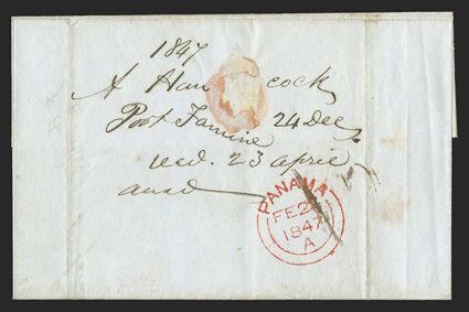 Port Famine, Chile to London, folded cover docketed as having originated in Port Famine at the very southern end of Chile on 24th December, 1846 and bearing British Post
Office red double arc PanamaFe 22, 1847 datestamp with index letter A a