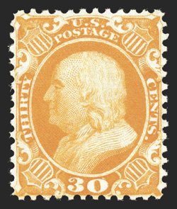 46, 30c Yellow orange reprint, without gum as issued, an attractive example of this scarce stamp, with brilliant color and an intense impression on immaculate white paper, far
better centering than normally encountered, very fine and choice onl