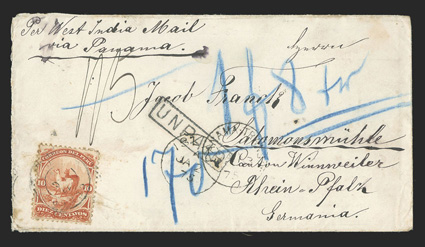 Cusco, Peru to Germany, cover franked by Peru 1866-67 10c Vermilion (17, stained perf. tips) tied by Cusco datestamp and with manuscript Per West India MailVia Panama
directive, entered the British Post Office with IslayJa 2, 75 datestamp,