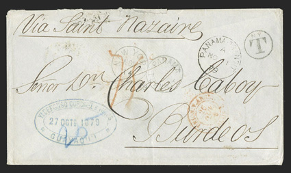 Guayaquil, Ecuador to Bordeaux, cover with Via Saint Nazaire directive that entered the British Post Office with clear GuayaquilOc 27, 79 backstamp, Panama-TransitNo 1, 79
postmark, New YorkNov 14Panama Transit duplex and matching NY