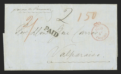 San Francisco to Valparaiso, Chile, folded cover with San Francisco straightline Paid handstamp and pencil notation showing postage was paid in cash, ms. via de Panama
directive, off laded in Panama by the American Postal Agent and transferre