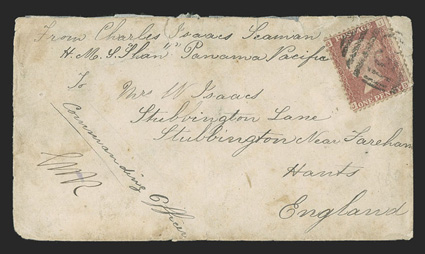 H.M.S. Shan, Panama Pacific Fleet to England, seamans endorsement and commanding officers initials on cover franked at the concessionary rate by Great Britain 1864 1d Rose red
Plate 193 (33) tied by C51 in barred oval British Post Office S