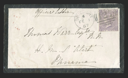 Great Britain to Panama, mourning cover franked at the concessionary rate by Great Britain 1865 6d Lilac Plate 5 (45) tied by BridgeportFe 1, 67 duplex postmark and endorsed
Officer letter, London transit backstamp, very fine the ships lo