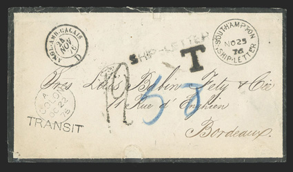 Cartagena to Bordeaux, mourning cover with clear British Post Office ColonOc 22, 76 datestamp and straightline Transit handstamp, arrived in England with Southampton, Ship
LetterNo 25, 76 postmark and straightline Ship-Letter and T du
