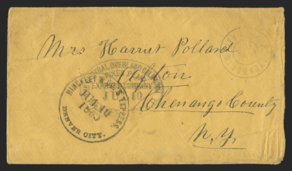 The Central Overland Californi & Pikes Peak Express Company, Denver City, K.T., Jul 10, mostly clear strike of their oval handstamp on orange eastbound cover to Afton, N.Y.,
additional Hinckley & Cos ExpressDenver CityJul 10, 1860 datestamp,