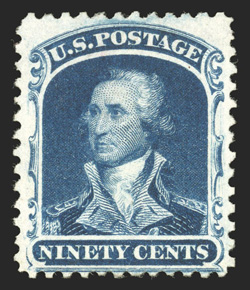 47, 90c Deep blue reprint, without gum as issued, well centered and margined, deep luxuriant color and a sharp detailed impression on fresh white paper, a very fine example of
this reprint rarity 1973 PF certificate only 454 sold.