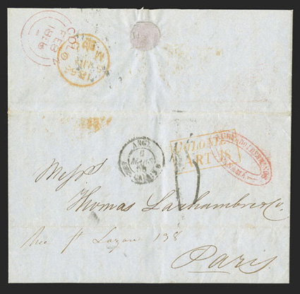 Panama to London, folded letter entering the mails with red British Post Office double arc ColonFe 8, 1856 backstamp with line under the date, red double oval Huratado i
HermanosPanama forwarding agents cachet, orange London transit backst