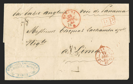 Paris to Lima, Peru, folded cover with red Paris14 Dec, 46 departure datestamp and matching boxed P.P. handstamp, endorsed par Packet Anglais voie de Panama and ms. 32 decimes
pre-paid rate on reverse, red French Post Office Panama25 J