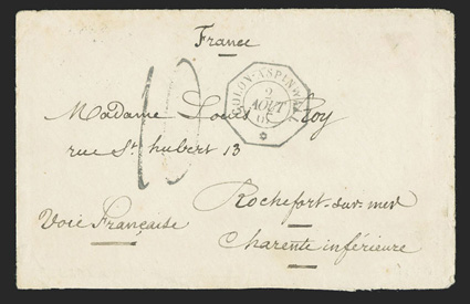 Colon to Rochefort-sur-mer, France, small cover with Voie Francaise directive and octagonal French Post Office Colon-Aspinwall2 Aout, 67 datestamp, charged 10 decimes due upon
arrival, three backstamps, very fine and rare this postmark wa