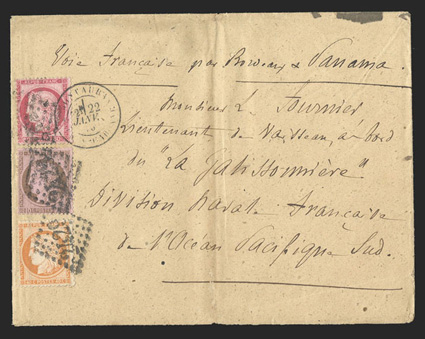 France to French South Pacific Fleet off Panama, cover to a Lieut. on board La Galissomere with Voie Francaise par Bordeaux et Panama directive franked by 1870-73 40c Orange
on yellowish Ty I (59) and 1872-75 10c Bister on rose (60) and 80c